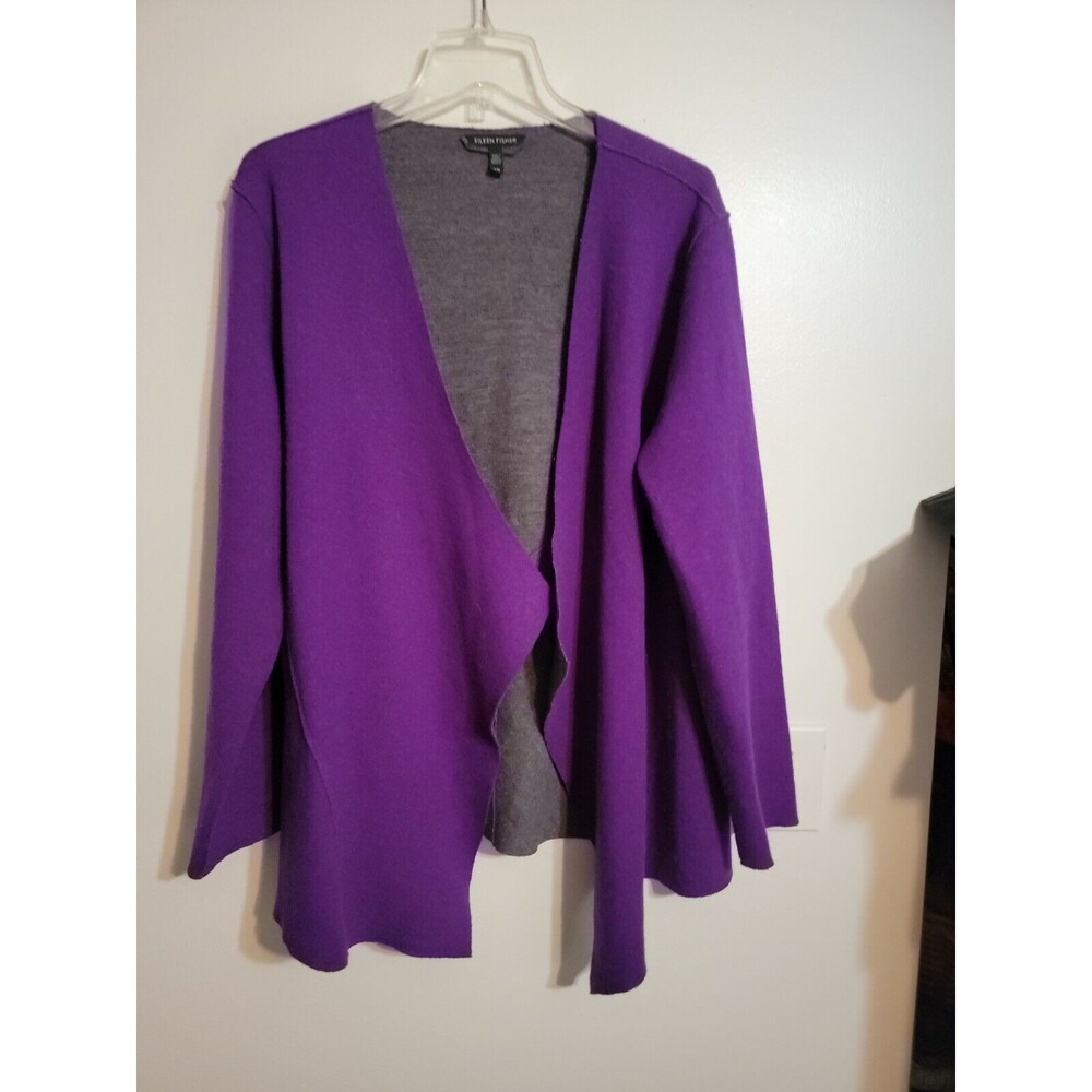 Eileen Fisher Merino Wool Open Drape Cardigan Sweater Size L Purple Soft